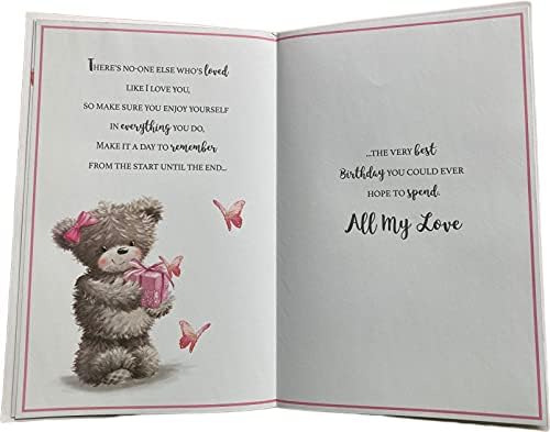 Special Wife Birthday Card with Love Cute Teddy Flowers Butterflies and Bunting Silver Foil with Envelope Sticker Seal - Large 30 x 19.5cm