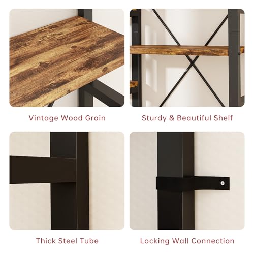 oneinmil Triple Wide 5-Shelf Bookcase Industrial Vintage Wood Style Large Open Bookshelves for Home&Office, Rustic Brown (5 Tier, Rustic Brown) - Thumbnail 4