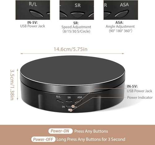 Drehteller Elektrisch 10KG 14,6 cm, 360° Elektrischer Drehteller für die Fotografie, mit Akku, 3 Geschwindigkeiten und Winkelverstellung zur Präsentation von Schmuck, Uhren, Digitalen Produkten