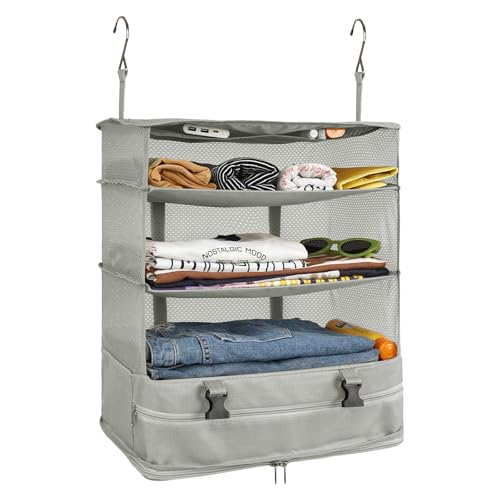 Surblue Bolsa de almacenamiento para colgar en el armario, plegable, 3 estantes, tela Oxford lavable con 2 ganchos (XL 17.7 x 11.8 x 20 pulgadas, gris claro))
