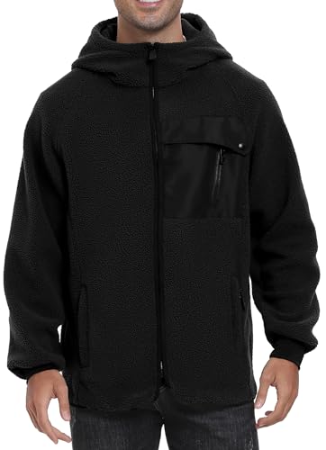 BenBoy Mens Fleece Jacket Sherpa Tactical Full Zipper Warm Hoodie Fashion Winter Short Coats Casual Outwear with Pockets,FS6599M-Black-M