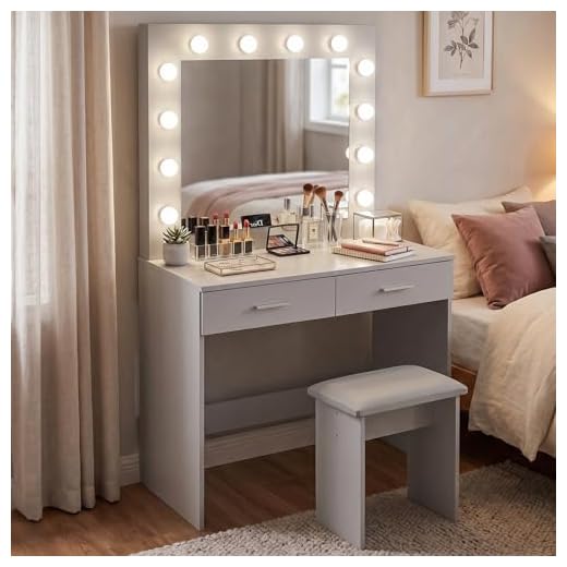 Jooli H Tocador Mesa de Maquillaje con Hollywood LED Espejo, 2 Cajones Grandes y Taburete, 80x40x140cm (Gris)
