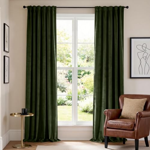 Lazzzy Dark Green Velvet Curtains Blackout Thermal Insulated Curtain 108 Inch Long Drapes 2 Panels for Bedroom Living Room Darkening Window Treatments Rod Pocket Curtains Moss Green by Lazzzy - Used condition - CA$41.91
