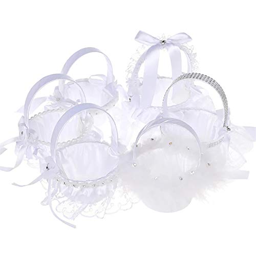 White Wedding Flower Girl Basket Elegant Lace Rhinestone Bride Flower Basket with Handle Candy Petal Storage Container Wedding Party Banquet Decorative Supplies Wedding Ceremony Romantic Decor (A) - Thumbnail 2