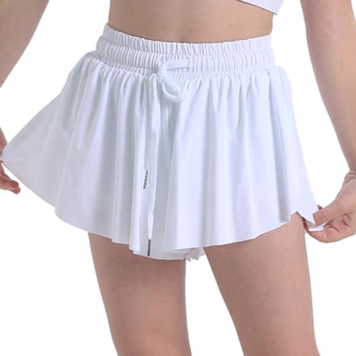 Flowy Butterfly Shorts for Girls 2-in-1 Athletic Running Skirt Shorts Cheer Tennis Dance Preppy with Spandex Liner(White,Small)