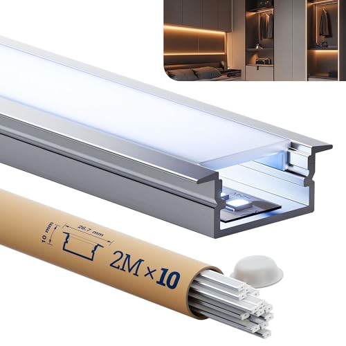 HOOLED Profilo Alluminio per Strisce LED 2 m x10 pezzi, Profilo LED dimensioni 19,7 x 10 mm, adatto per tutte le strisce fino a 15,5 mm, Con diffusore luminoso in PC e clip di montaggio
