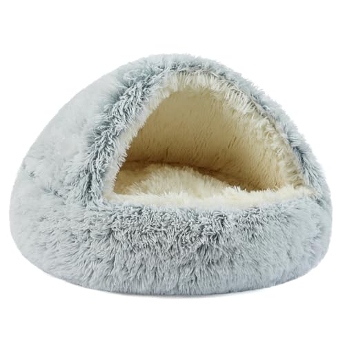 Belababy Calming Dog Bed, Fluffy Dog Cave Bed Small Medium with Upgraded Support Hood, Non-Slip Warm Donut Cat Beds for Indoor Cats (40CM, Gradient Grey)