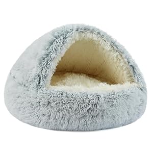 Calming Dog Bed, Fluffy Dog Cave Bed Small Medium with Upgraded Support Hood, Non-Slip Warm Donut Cat Beds for Indoor Cats (40CM, Gradient Grey)