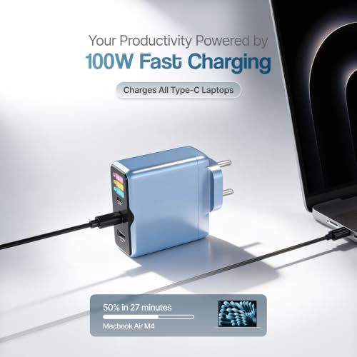 Image of Ambrane 100W Fast Charging Display Charger, Display to Show Power Details, 3 Ports - 2 Type C, 1 USB, Type C PD Fast Charging for MacBook, iPhone, Type C Laptops, Other Devices (Charge D100, Blue)