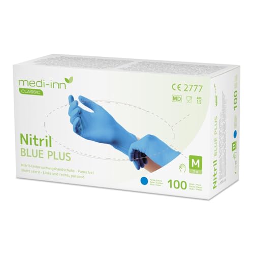 MEDI-INN Nitril blue plus Einweghandschuhe Größe M | 100 Stück | Nitril Einmalhandschuhe blau in praktischer Spenderbox | Ideal für Hygienebereiche wie Lebensmittelbranche, Kosmetik u.v.m. | latexfrei