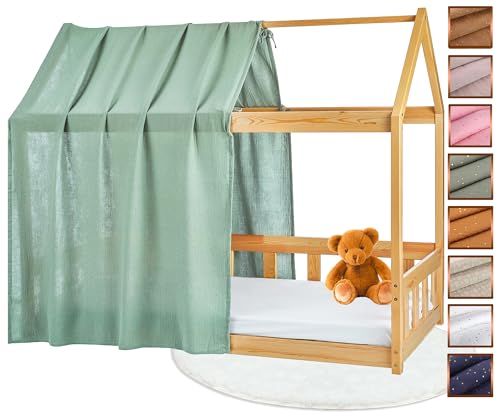 Lovely Hippo Tela Cama Casita para Cama Montessori - Dosel Cama Compatible Cama Casita Montessori 80x160 y 90x190 cm (Eucalipto/Oro, Modelo 1)
