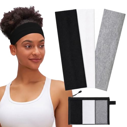 WENNKINN Headbands for Women Non Slip, Soft95% Cotton Elastic Cloth Hairband for Workout Gym Running Sports, Sweat Wicking Wide Headband, 3 Pack with Bag(Black, White, Gray)