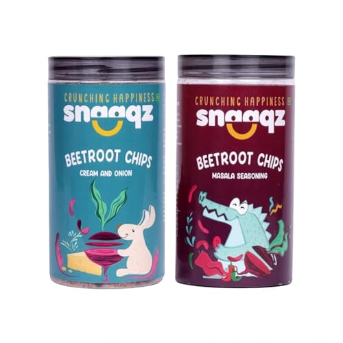 Image of Snaaqz Beetroot Chips Combo | Cream & Onion & Masala Flavor | Pack of 2 | 150g Each | High Protein | Baked & Crunchy | Natural Ingredients | Low Calorie | Healthy Vegetable Chips for All Ages