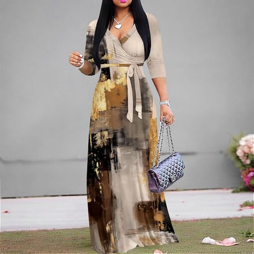 Image of SUZONANA Plus Size Dresses for Women Print Maxi Dresses Flowy 3 /4 Sleeve with Belt