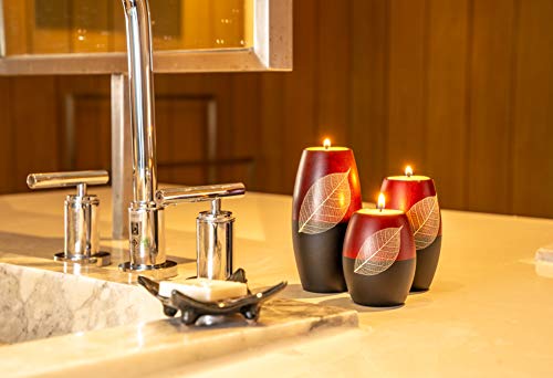 Iyara Craft 3 Wooden Candle Holders Decorative Candle Holders With Beauty Decor Dry Leaf – Intricate Details – Matte Wood Finish – Ideal For Modern & Rustic Settings 2 Tones, Red, Black (Rugby Shape) #TOP4