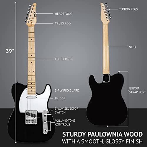 Lyxpro 39” Electric Telecaster Guitar Kit, 20 Watt Amp Speaker, Solid Full-Size Wood Body, C-Shape Neck, Quality Gear Tuners, 3-Way Switch & Volume/Tone Controls, 12 Picks And Cable Included - Black #TOP2