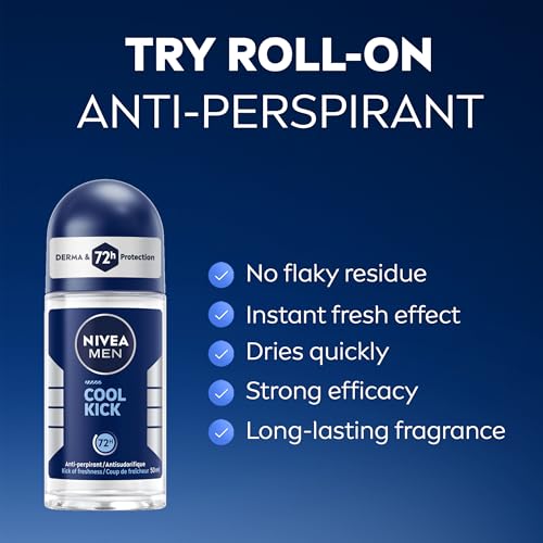 Nivea Men Cool Kick Anti-Transpirant Roll-On (6 x 50 ml), Männer Deo, Fresh 48H Schutz + Cool-Care