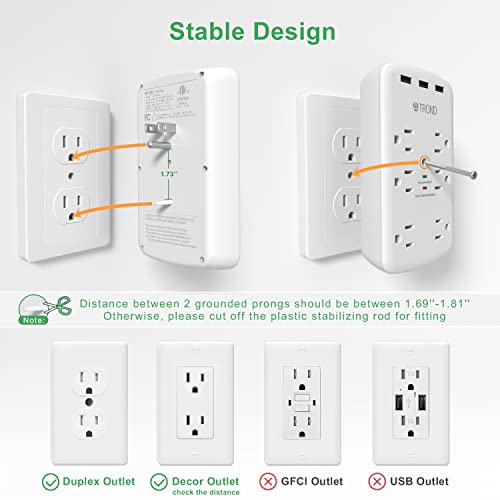 Multi Plug Outlet Extender With Usb - Trond 1280J Surge Protector Outlet, 6 Widely Spaced Outlets, Outlet Splitter With Phone Holder Design, Wall Plug Extender For Home, Office, Travel And Dorm #TOP23