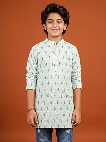 Image of KiddoPanti Boys 100% Cotton Ethnic Motif Printed Short Length Kurta