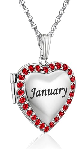 YOUFENG Love Heart Birthstones Locket Necklace Holds Pictures Paved Blue Red White CZ Rose Gold Living Memory Photo Lockets