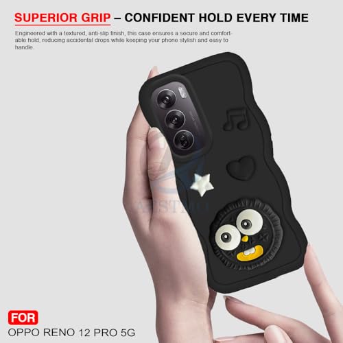 Image of AESTMO Back Case Cover for Oppo Reno 12 Pro 5G | 3D Cute Fun Cartoon Characters | Anti Slip Grip Cute Wave Curly Frame Shape | Full Body Protection Back Cover for Oppo Reno 12 Pro 5G | (Black)