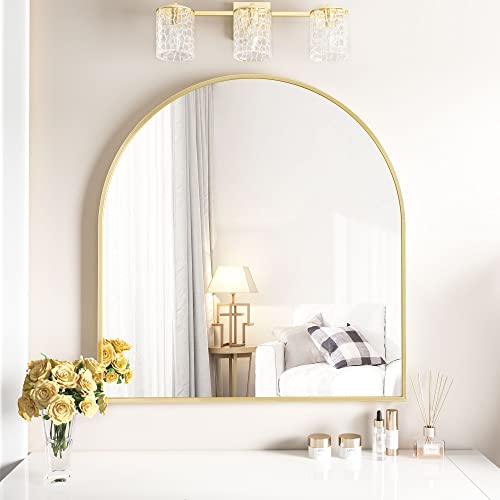 Xramfy Arched Bathroom Mirror 32" X 34" For Bathroom Vanity Mirror Or Wall Decor Gold Arch Mirror Aluminum Alloy Frame Wall Mounted Mirror For Living Room Bedroom Entryway #TOP1
