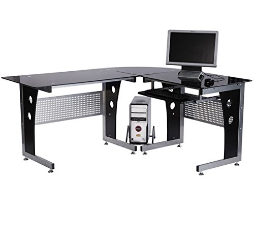 HOMCOM Schreibtisch Eckschreibtisch Computertisch PC Tisch Bürotisch mit schwarzem Sicherheitsglas 164 x 139 x 75cm