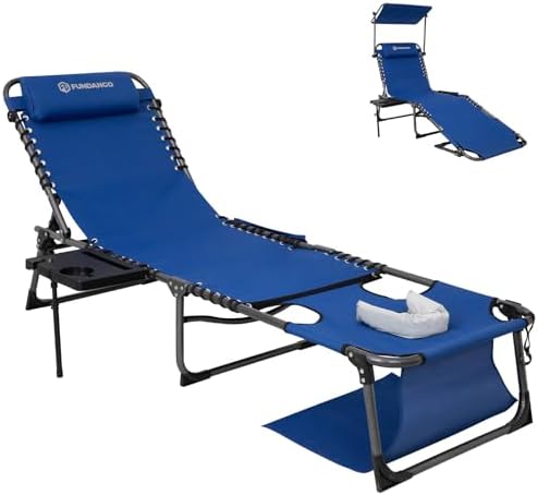 FUNDANGO 4 in 1 Tanning Chair with Face Hole, Beach Lounge Chair w/Canopy Shade & Side Table Chaise Lounge Chairs for Patio, Pool, Lawn, Sunbathing, 5-Position Adjustable Sun Lounger, Blue