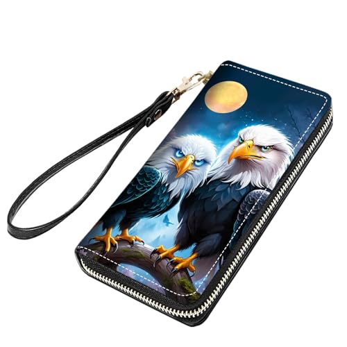 stmedazm Bald Eagle Print Women Large Capacity PU Leather Zip Around Wallet, Multifunctional Clutch Purse for Cash/Card/Coin/Smart Phone