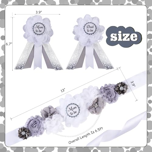 Image of Gray and White Gender Reveal Maternity Sash Kit, Sliver White Baby Shower Belly Belt and Mom to Be Dad to Be Corsage Pins, New Parents Pregnancy Announcement Photo Props Party Supplies