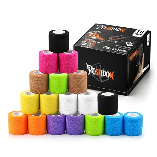 POSEIDON Tattoo Grip Cover Wrap, 18 Pack, 2" x 5 Yards Multi-color Tattoo Bandage Wrap Set, 9 Assorted Colors Self-Adhesive Elastic Bandage, Breathable Elastic Self-Adherent Tape for Tattoo Gun