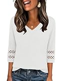 Zeagoo Blusa de manga 3/4 para mujer, cuello en V, túnica informal, bordado con agujeros, parte superior de verano, con ojales, camiseta holgada, S-XXL, Blanco, M