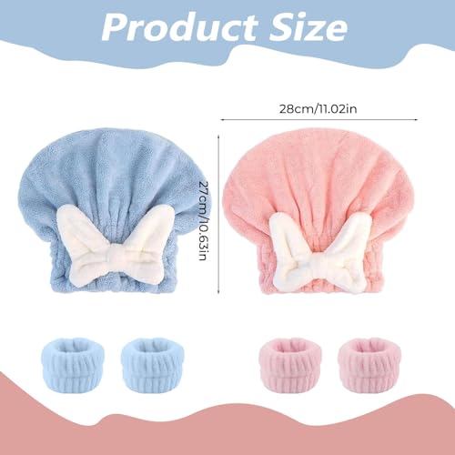 Tyrzol 6pcs Hair Towel Wrap Super Absorbent Hair Towel Wrap for Wet Hair Microfiber Hair Drying Caps Rapid Hair Drying Towel Quick Dry Head Wrap with Bow-Knot Shower Cap(Pink+Blue+Wristband) - Image 3