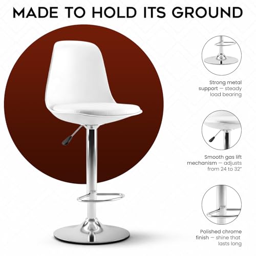 Image of DIYA Seating Solutions 360 Revolving Adjustable Height Bar Stool Chair with Chrome Metal Base | 1 Year Warranty | Leatherette Upholstery | Stable Stool for Office, Cafe, Restaurant- White (Pack of 4)