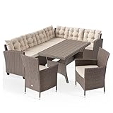 Casaria Polyrattan Hoeklounge WPC Eettafel Hoekbank 2 Tuinstoelen 15cm Kussens Weerbestendige Lounge Tuinset Beige