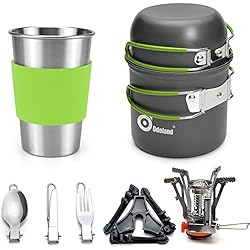 Ollas Y Sartenes Campana Odoland Utensilios Cocina Camping Kit con Ollas y Sartén de Aluminio, Estufa Trekking, Taza de Acero Inoxidable, Cubiertos Plegable - Cacerolas de Acampada de Viaje