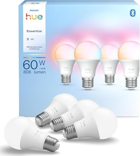Philips Hue Essential Smart LED A60 Bulb, White and Coloured LED Bulb, E27 Socket, 8W, 2200K-6500K, 806 Lumen LED Light, Dimmable, Compatible with Alexa, Google Assistant & Apple Home, Pack of 4 - View 3