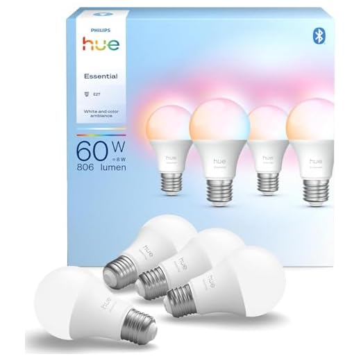 Philips Hue Essential Smart LED A60 Lampe, Weiß und Farbiges LED Leuchtmittel, E27 Fassung, 8W, 2200K-6500K, 806 Lumen LED Licht, dimmbar, kompatibel mit Alexa, Google Assistant & Apple Home, 4er Pack