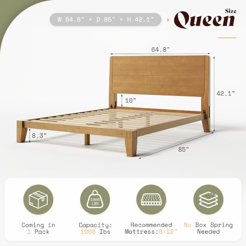 Image of AMERLIFE Solid Wood Queen Bed Frame with Headboard, Japanese Joinery, Brown