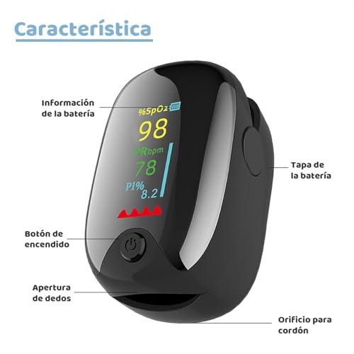 Pulsioxímetro Profesional, Oxímetro de Dedo Digital con Pantalla LED para Medición de SpO2, Medidor del Nivel de Oxígeno en Sangre con Lectura Instantánea y Saturación de Oxígeno, Negro - imagen 3