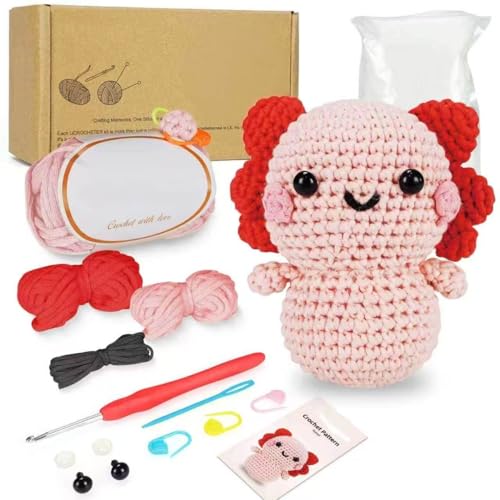 Crochet Kit for Beginners – Animal DIY Set with Axolotl, Easy Video Tutorials, Soft Yarn & Ergonomic Hook, Stress-Relief Craft Kit, Gift for Women, Knitting Kit for Starter