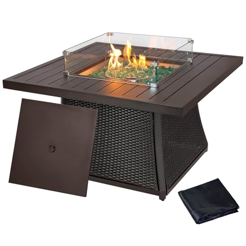 Outdoor Dining Fire Pit Table: Ultimate Cozy Patio Setup for Gatherings 8 42-Inch Outdoor Propane Fire Pit Table, Outdoor Patio Dining Fire Pit Table with Lid&Wind Guard, Rattan Wicker Aluminum Frame, 50,000 BTU CSA Certified, Gas Firepit for Garden, Yard