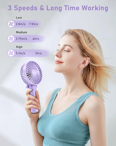 TriPole Handheld Fan Rechargeable Battery Operated Foldable USB Fan, Personal Pocket Fans, 3-Speed Mini Handheld Desk Fans, 180° Adjustable Portable Fan for Indoor, Camp, Sport, Shop, Purple - Image 2