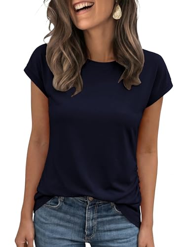 Wayleb Damen T-Shirt Sommer Tshirt Rundhals Kappenärmel Tee Shirt Locker Geschnitten Bequem Casual Oberteil für Alltag Freizeit, Navy blau M