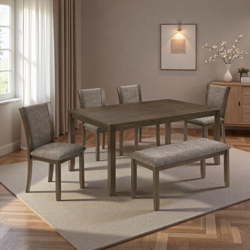 Trygoal 6 Piece Dining Table Set, Farmhouse Wooden Dining Set, Dark Walnut