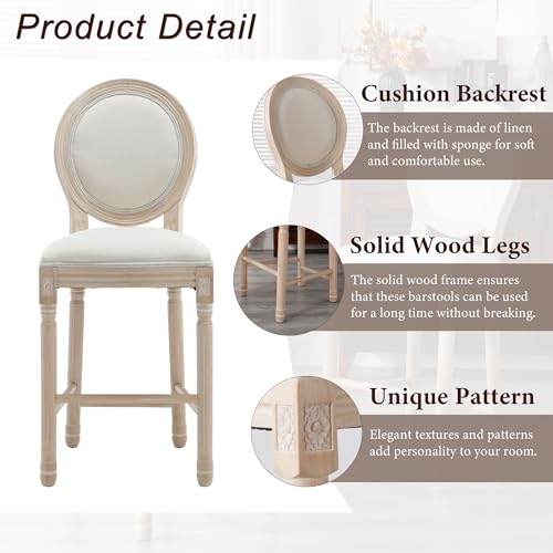 Butacos Franceses de Barra, Juego de 6 Unidades, Altura 26 pulgadas, con Espalda Redonda, Estructura de Madera Maciza, Asiento Tapizado en Lino, Estilo Campestre y Rústico, para Isla de Cocina o Comedor (Beige) miniatura 4