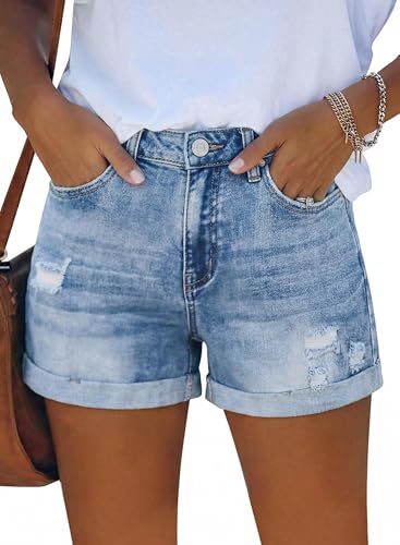 Image of onlypuff Womens Jean Short Cut Off Denim Shorts High Waist Ripped Distressed Stretchy
