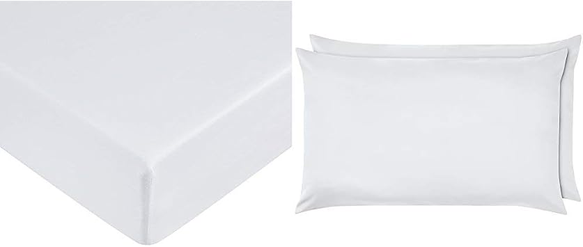 Amazon Basics Microfibre Fitted Sheet, King, Bright White & Microfibre Pillowcases, Bright White   Set of Two