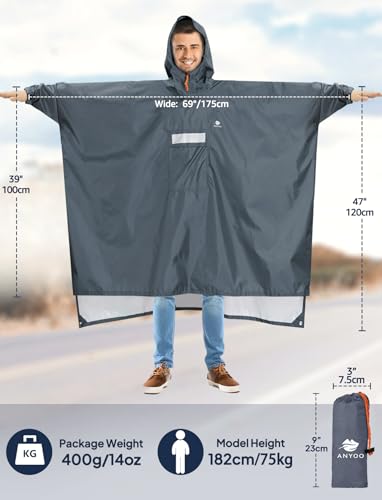 ANYOO Waterproof Rain Poncho Windproof Raincoat with Side Zipper for Full Protection, Lightweight Rain Jacket with Adjustable Sleeves for Women Men Outdoor Hiking Cycling, One Size, Grey - Image 2
