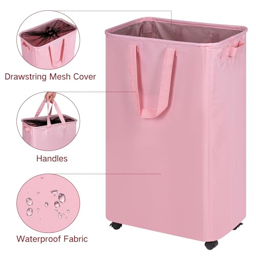 efluky Slim Laundry Hamper with Wheels, Rolling Laundry Basket for Clothes, Small Laundry Basket for Bedroom, Dorm and Laundry Room, 75L (19.8 Gallons) Pink
